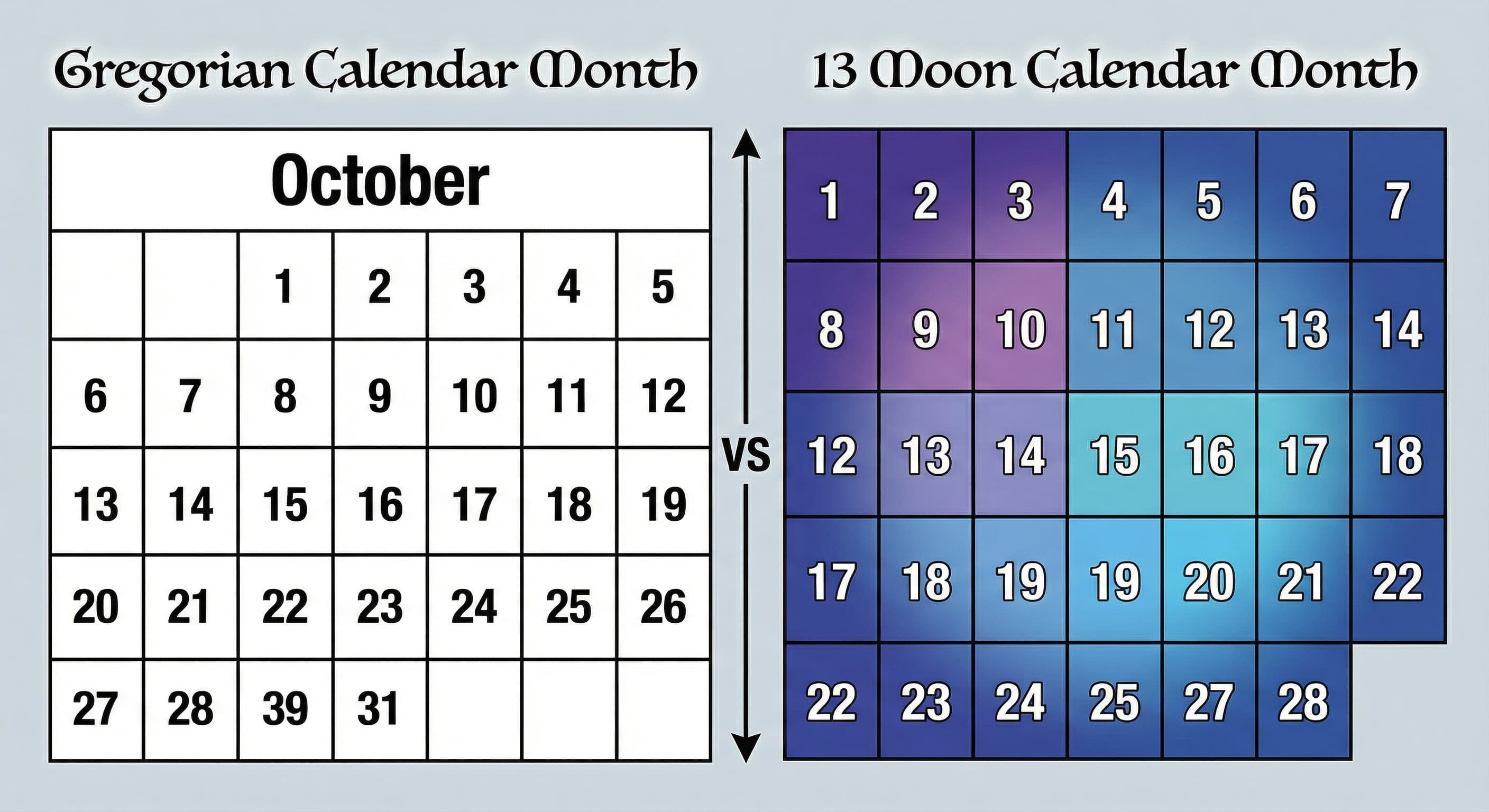 Comparison of Gregorian Calendar vs 13 Moon Calendar showing the difference in month structure