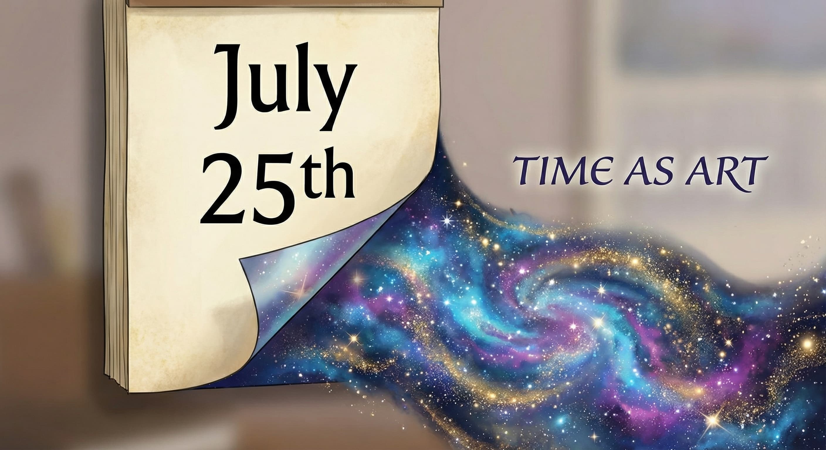 Time as Art - A stylized calendar page with cosmic background representing the artistic view of time